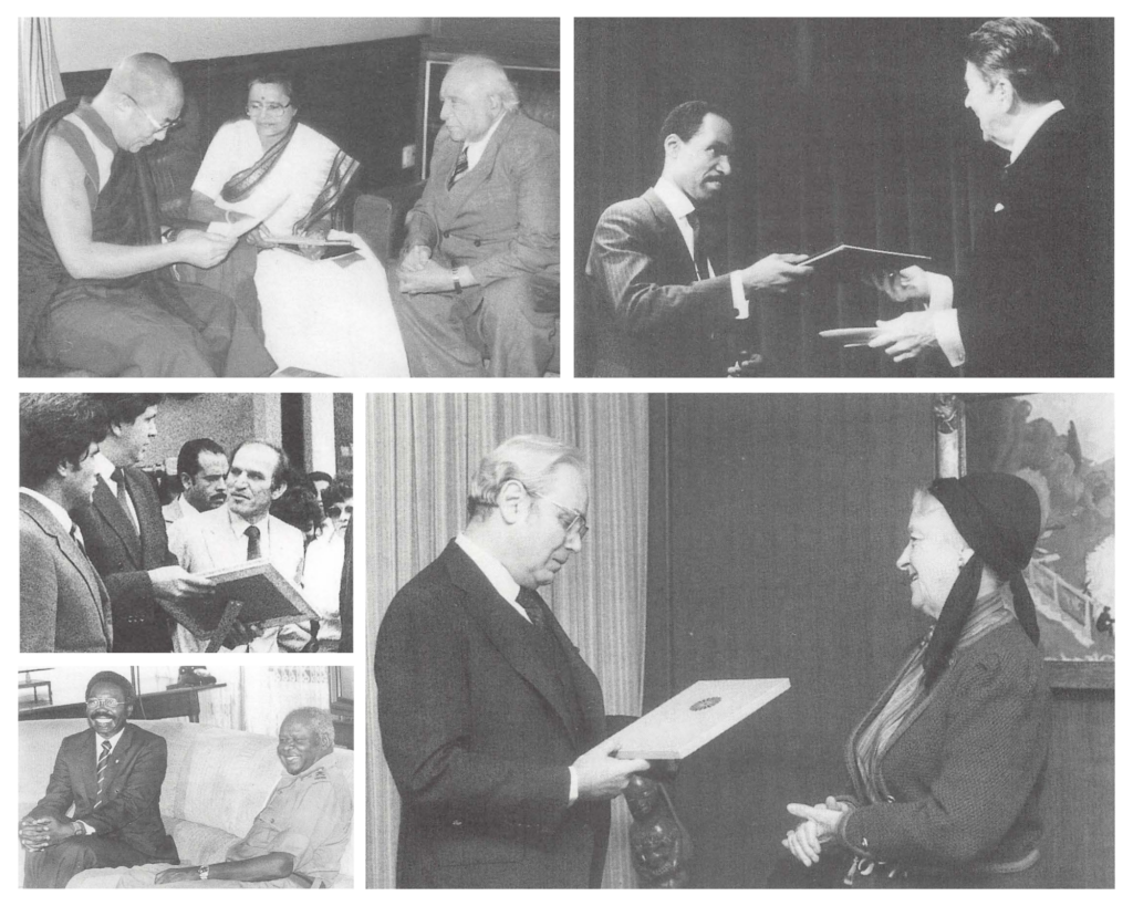 Historical photos of The Promise of World Peace document being presented to various world leaders. 